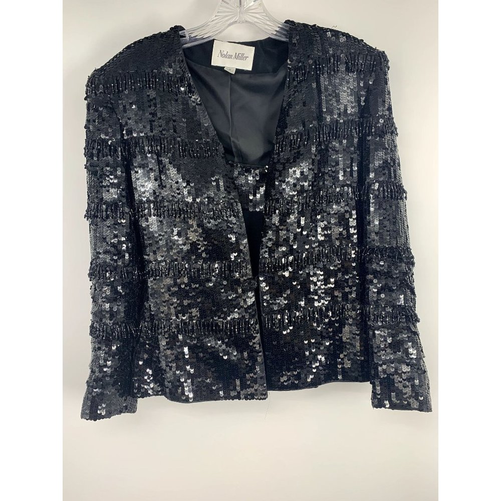 Vintage Nolan Miller Black Sequin Jacket w/ Dangling Beads Size 6